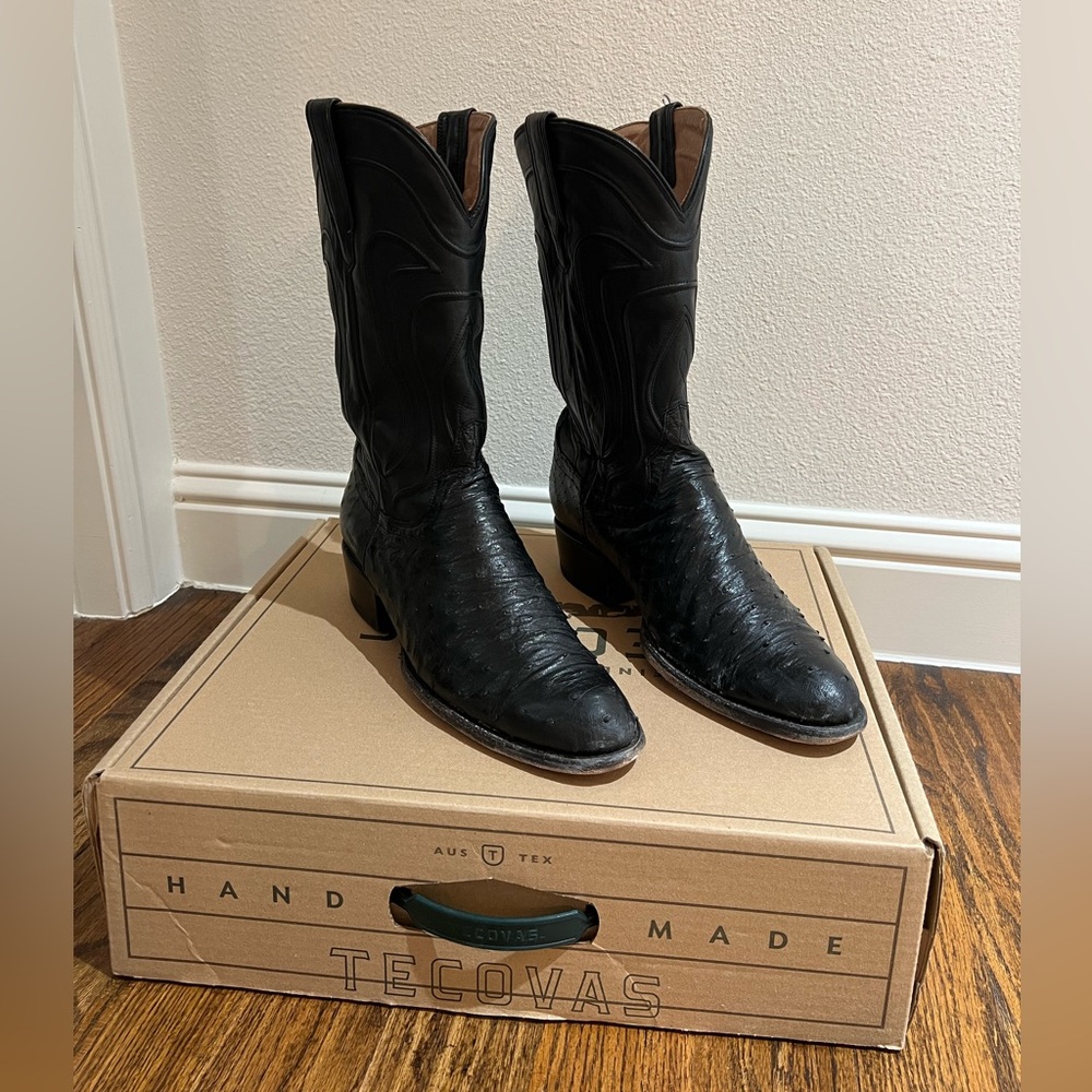 Tecovas Black Ostrich & Leather Cowboy Boots